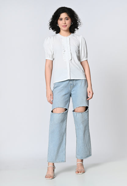 Solid White Half Sleeve Top for Women