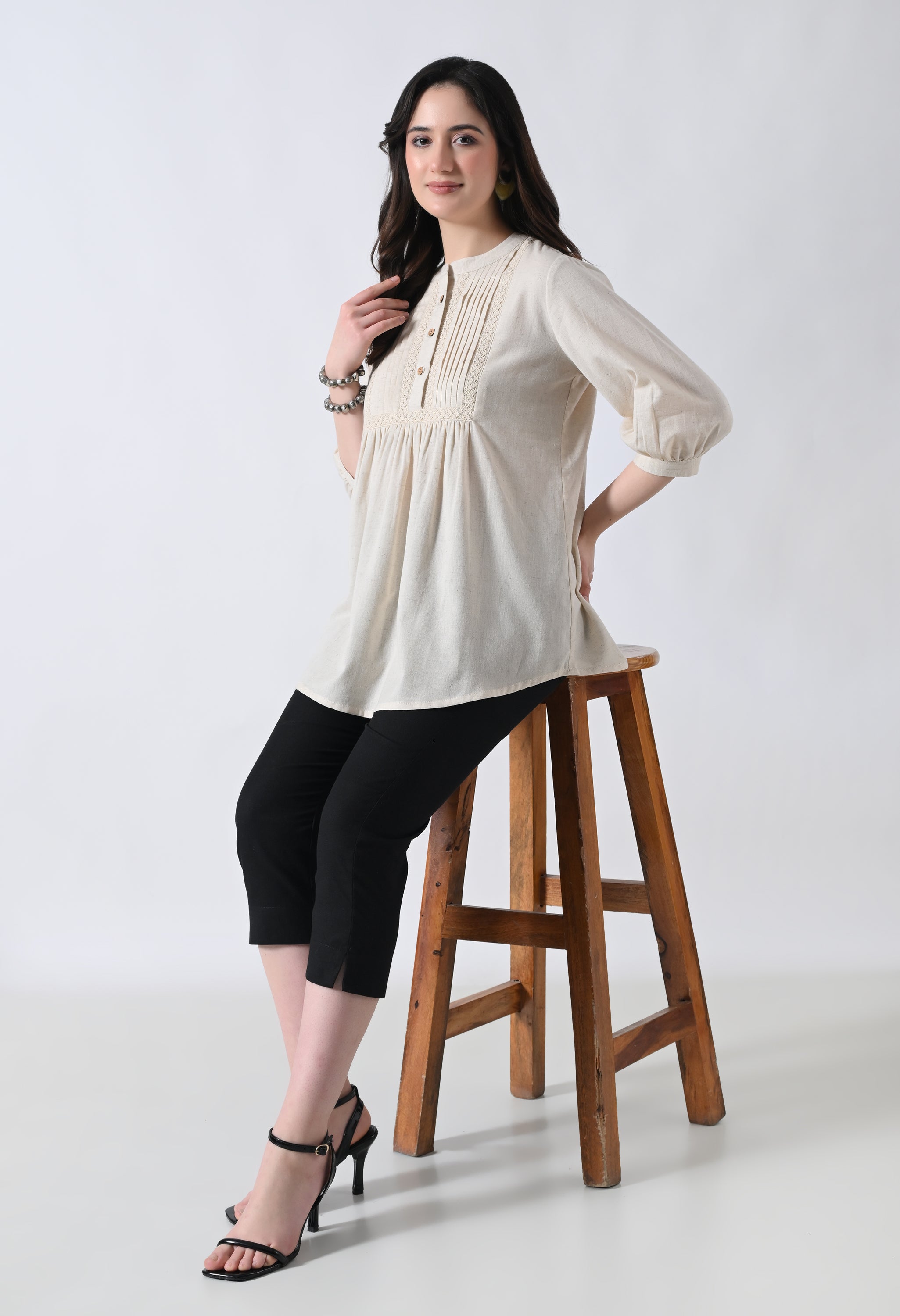 Cream Solid Elbow Sleeve Top for Women