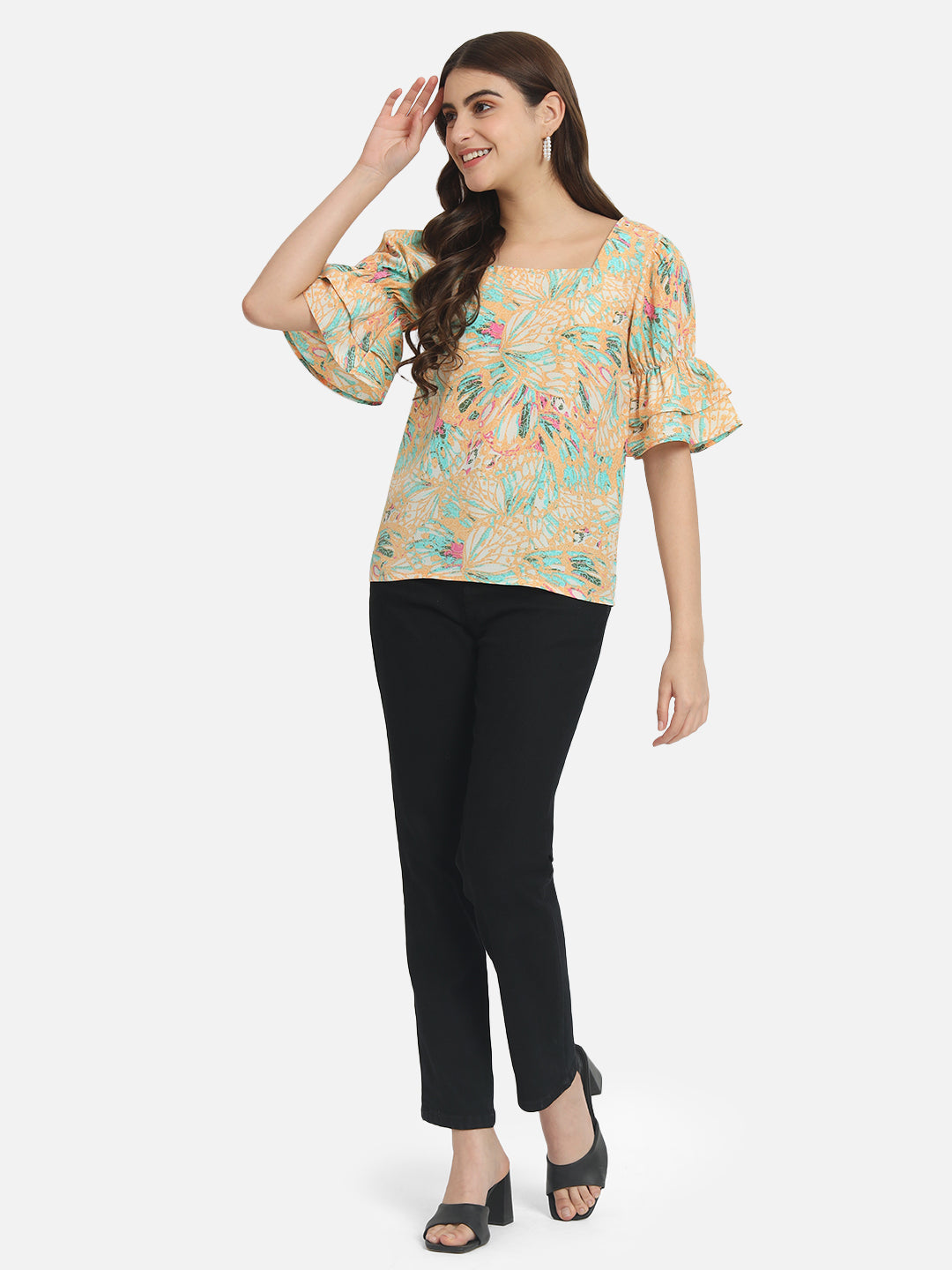 Multicolor Floral Half Bell Sleeve Top for Women