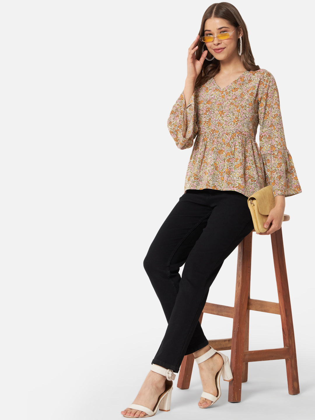 Beige Floral V-Neck Top for Women