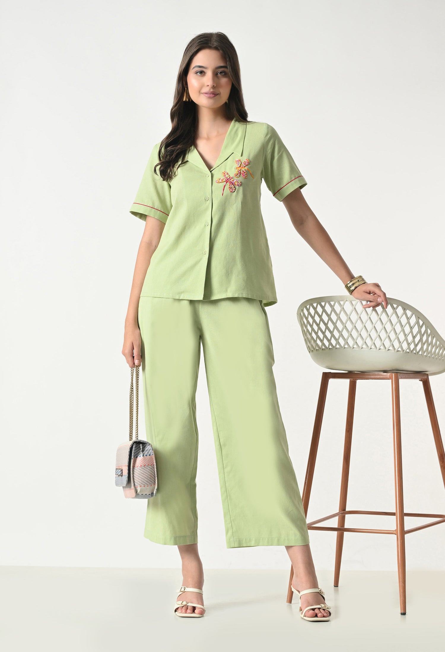 Women’s Green Floral Embroidery Half Sleeve Top &amp; Palazzo Co-Ord Set