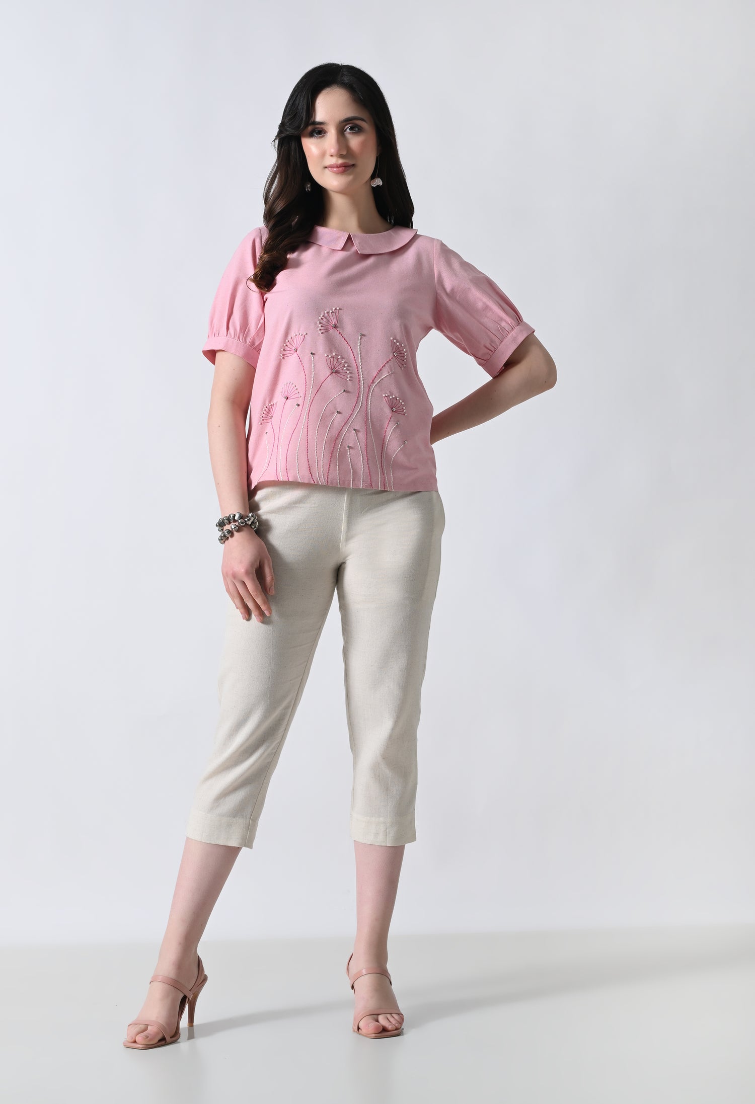 Pink Floral Embroidered Half Sleeve Top for Women