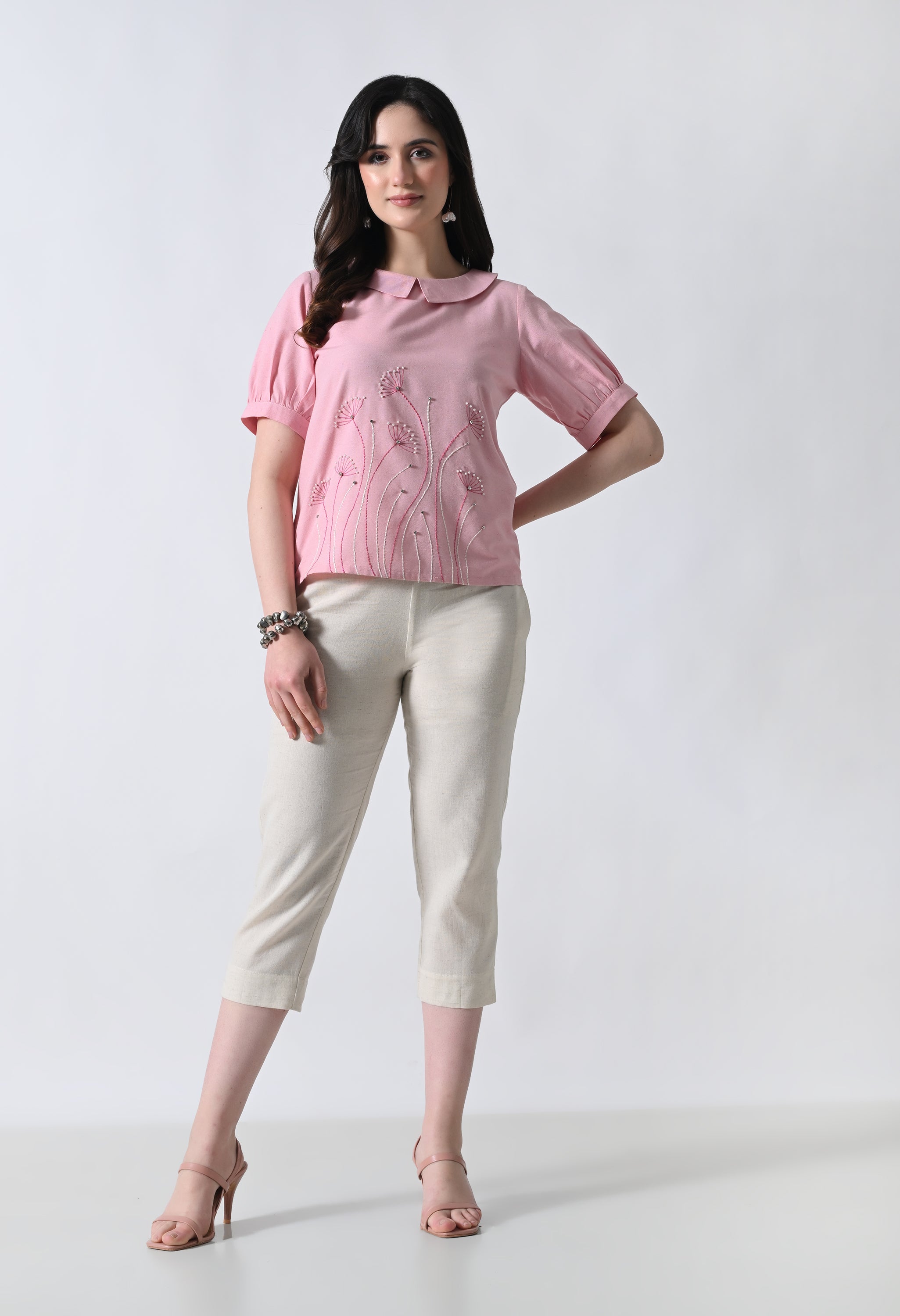 Pink Floral Embroidered Half Sleeve Top for Women