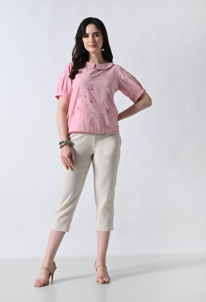 Pink Floral Embroidered Half Sleeve Top for Women
