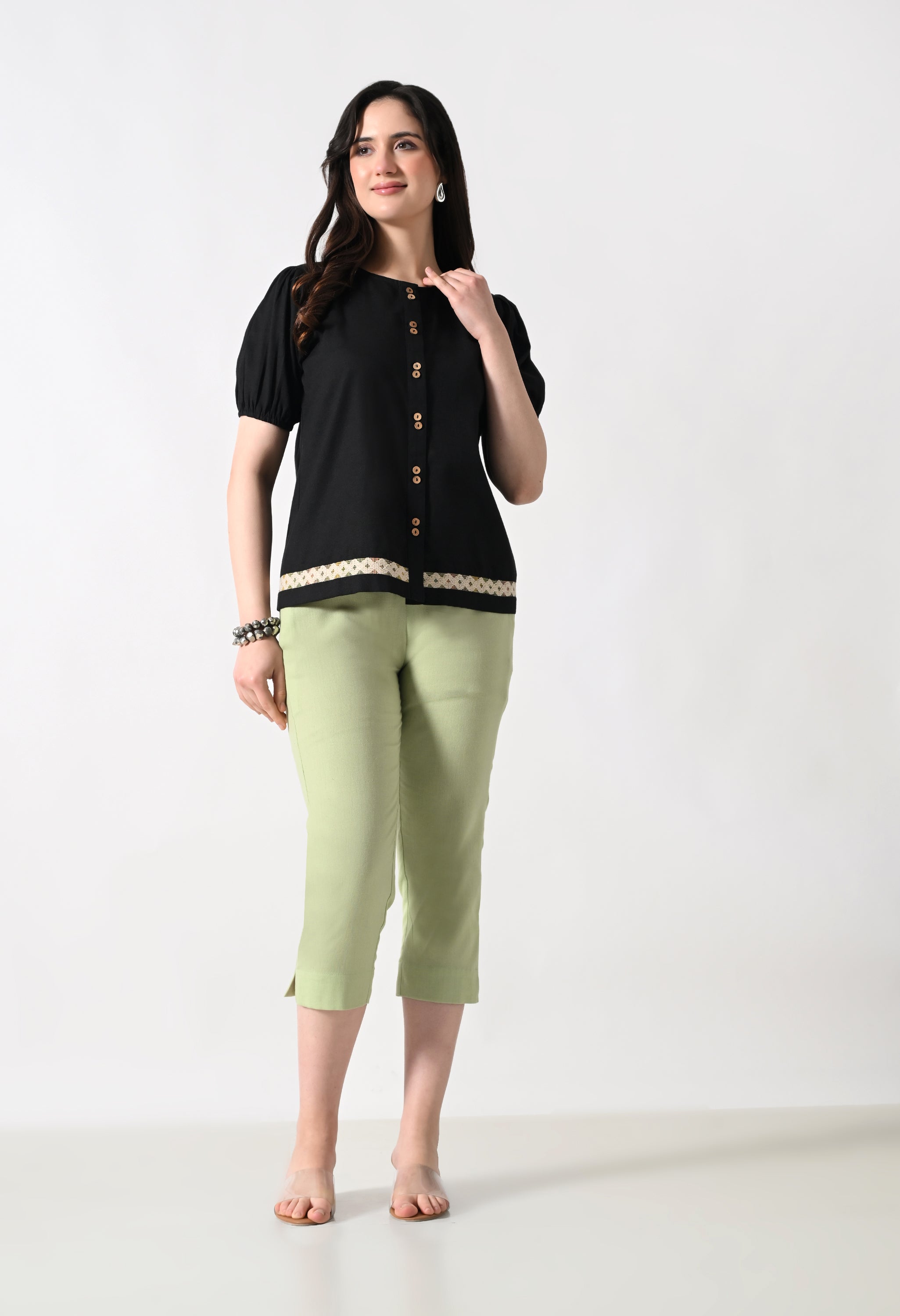 Black Solid Shirt Style Top for Women