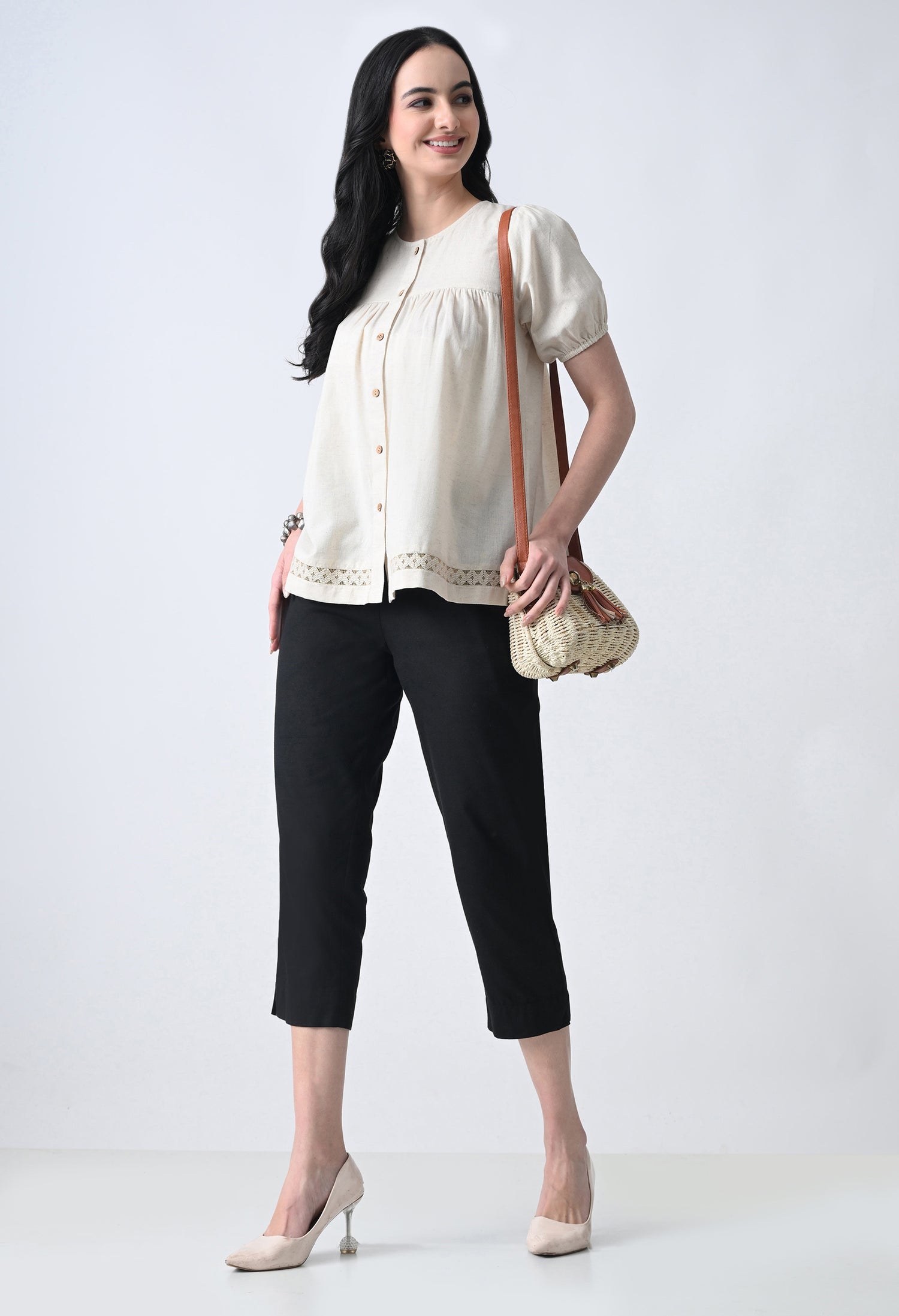 Cream Solid Half Sleeve Shirt Style Top for Women