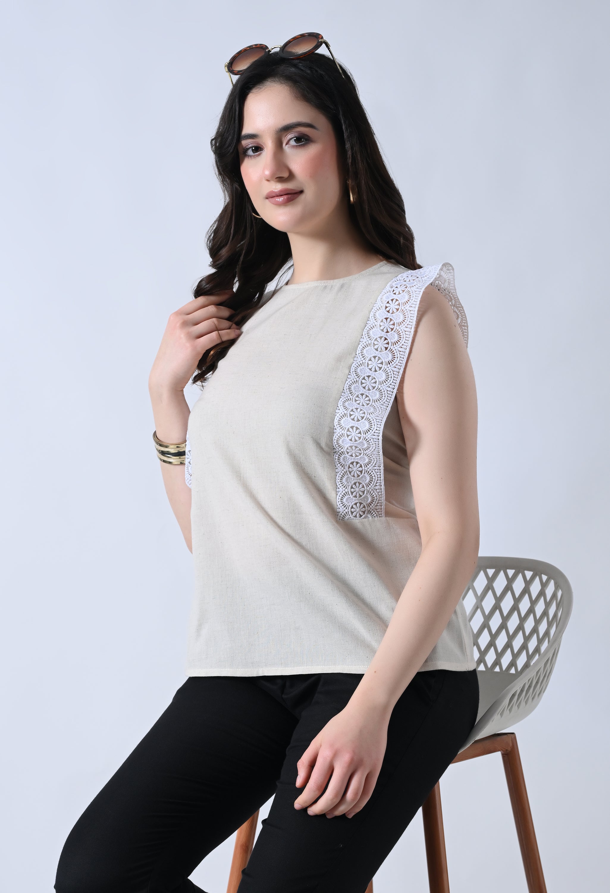 Cream Solid Sleeveless Top for Women