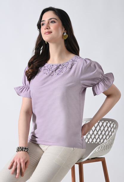 Light Purple Embroidered Half Sleeve Top for Women