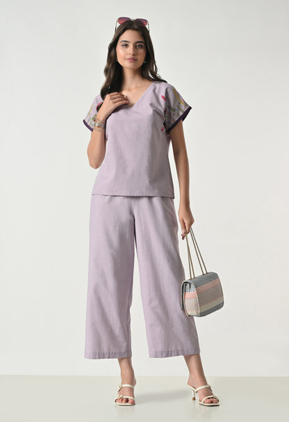 Women’s Purple Floral Embroidery Half Sleeve Top &amp; Palazzo Co-Ord Set