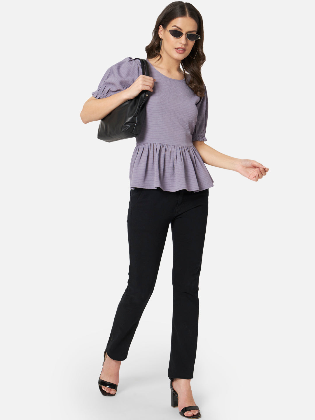 Purple Solid Round Neck Top for Women