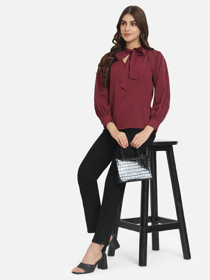 Maroon Solid Tie-Up Neck Top for Women