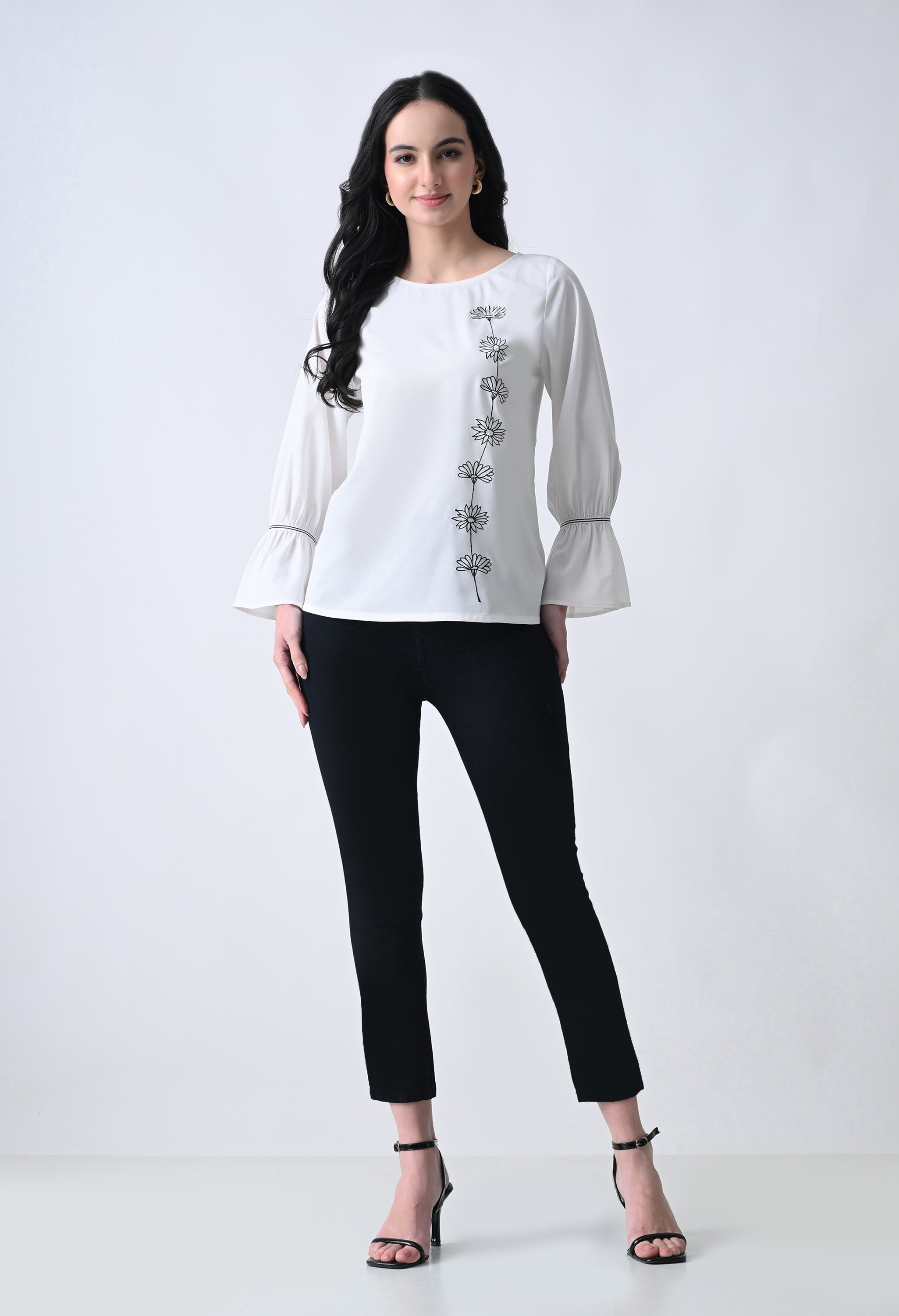 Embroidered Bell Sleeve Top for Women