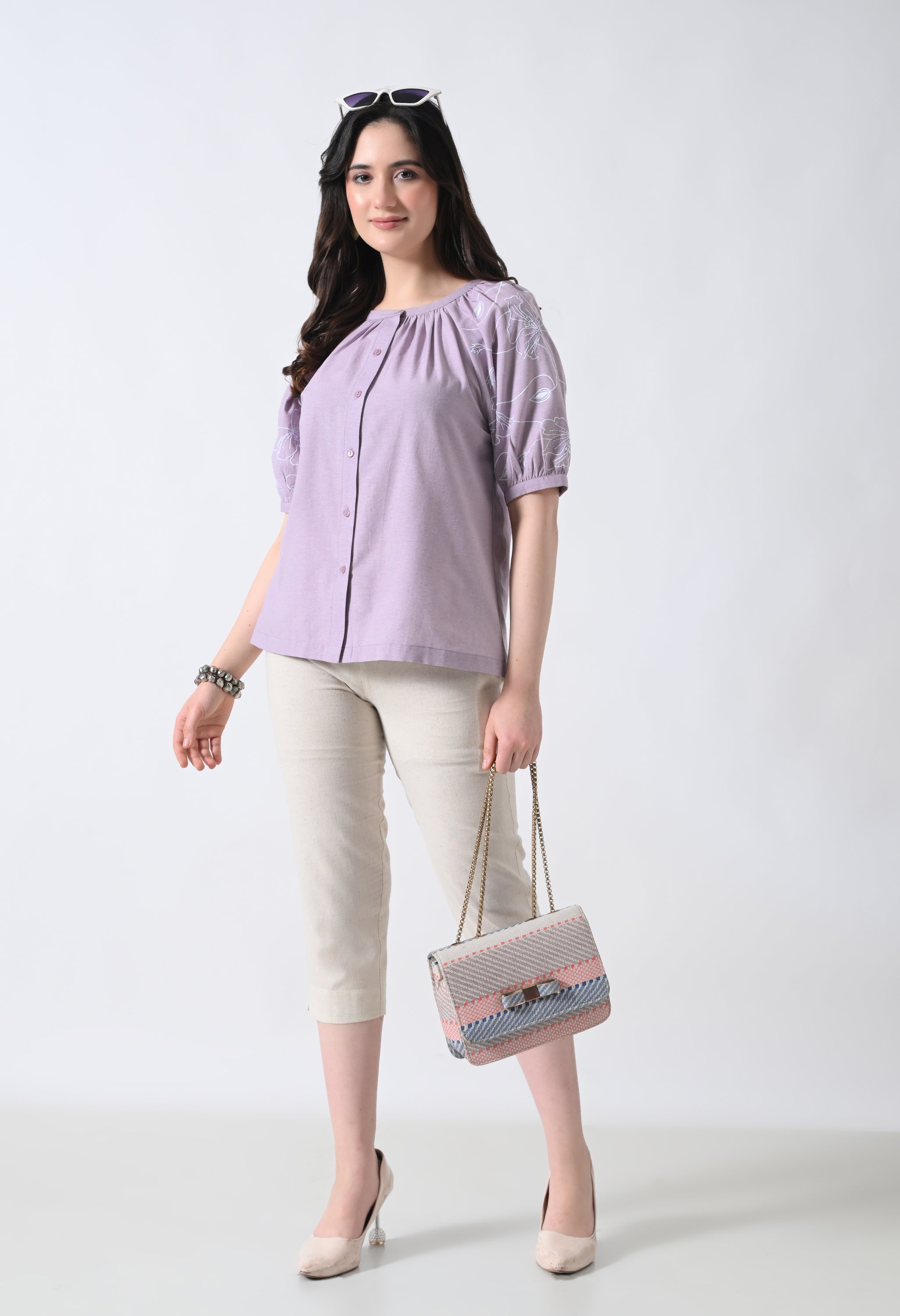 Light Purple Embroidered Half Sleeve Top for Women