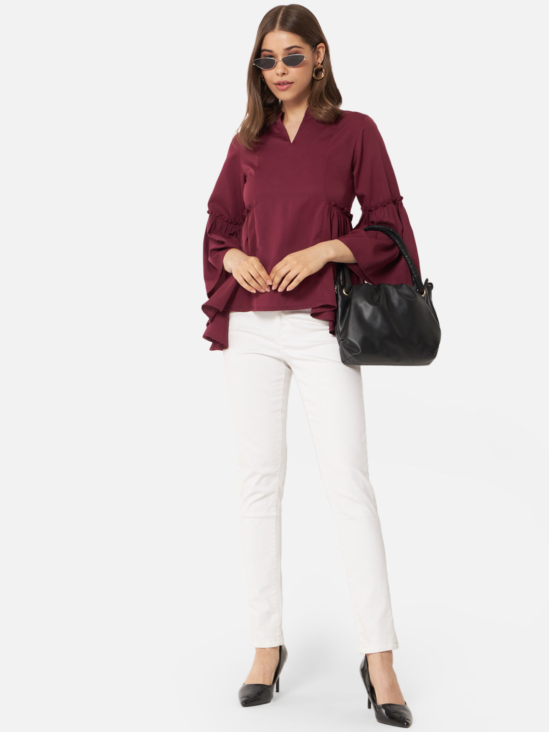 Maroon Solid Bell Sleeve Top for Women