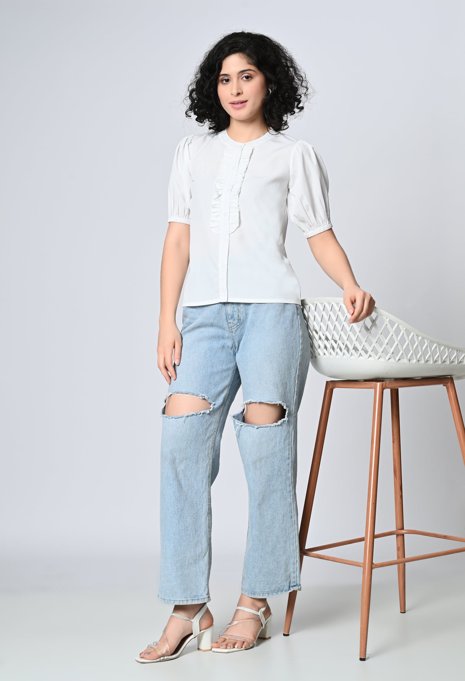 Solid White Half Sleeve Top for Women