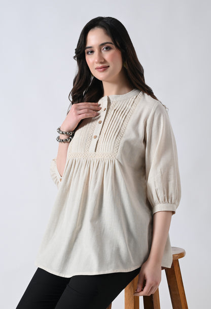 Cream Solid Elbow Sleeve Top for Women