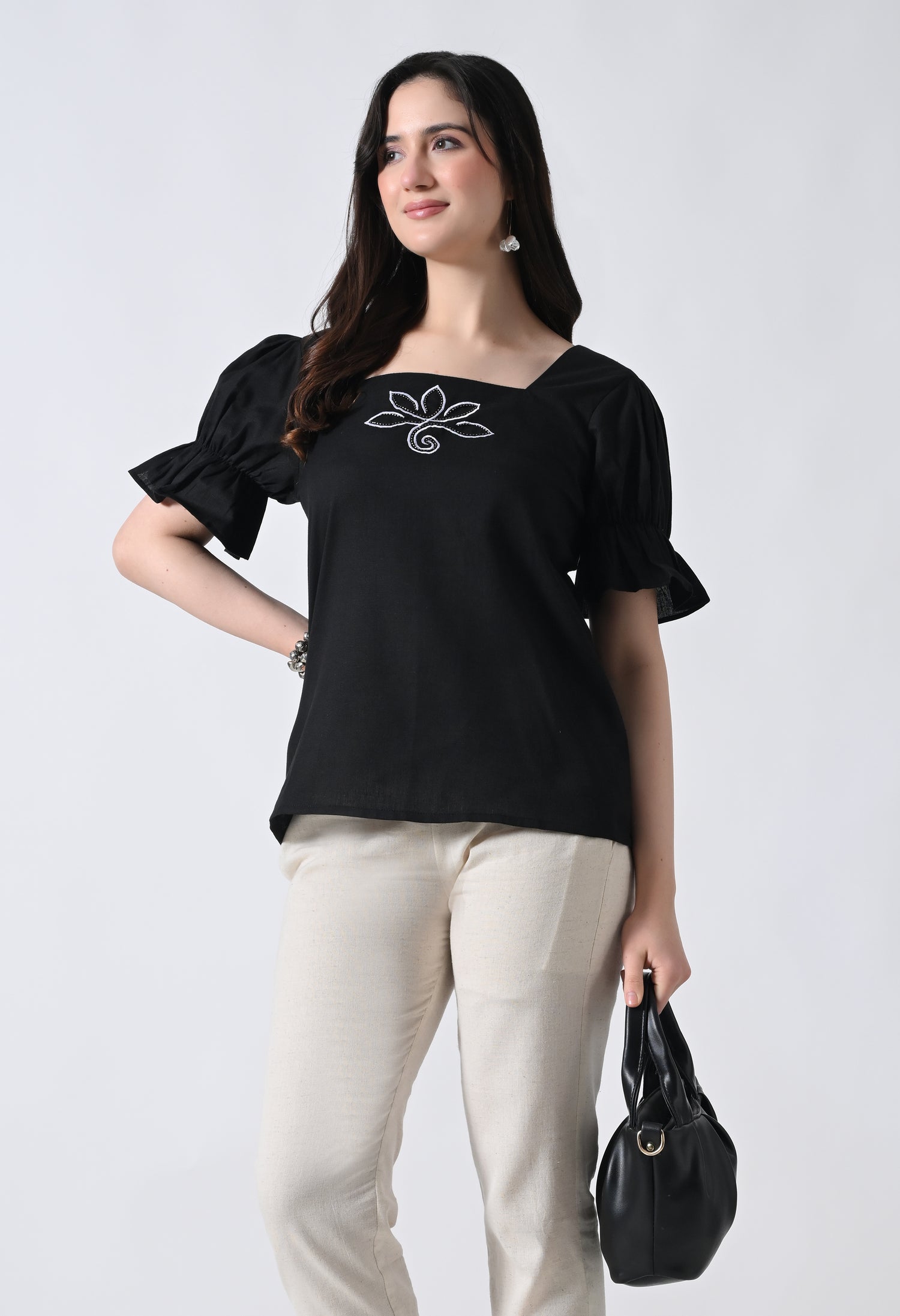 Black Embroidered Bell Sleeve Top for Women