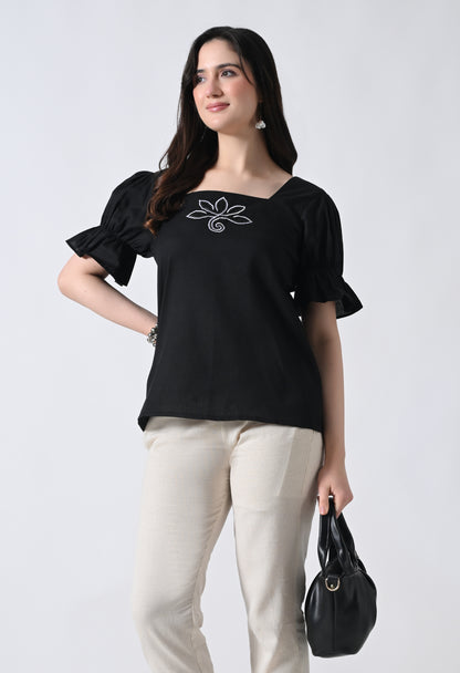 Black Embroidered Bell Sleeve Top for Women
