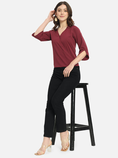 Solid Maroon V-Neck Top for Women