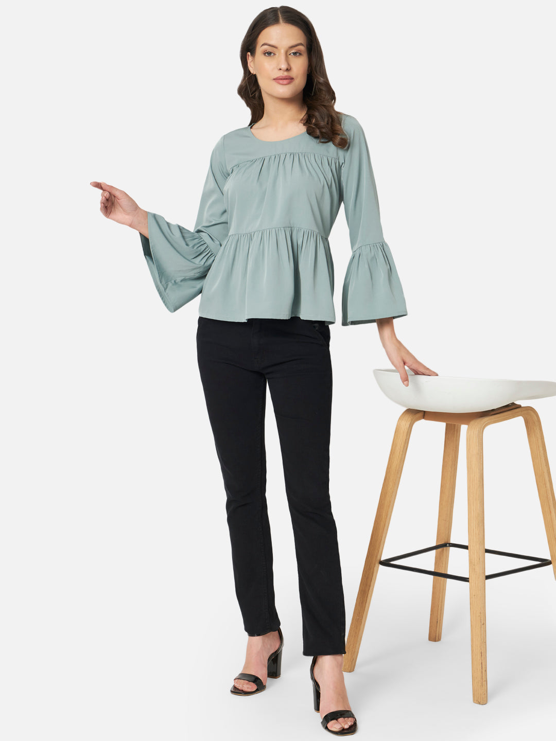 Light Green Solid Round Neck Top for Women