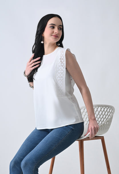 White Solid Sleeveless Top for Women