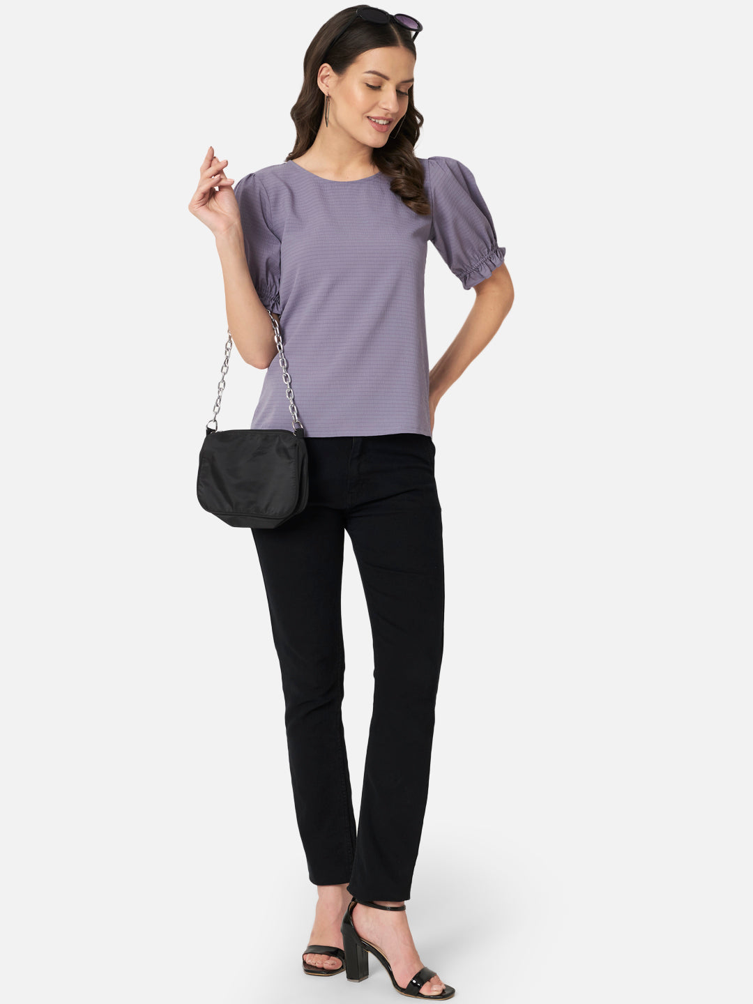 Purple Solid Half Sleeve Top for Women
