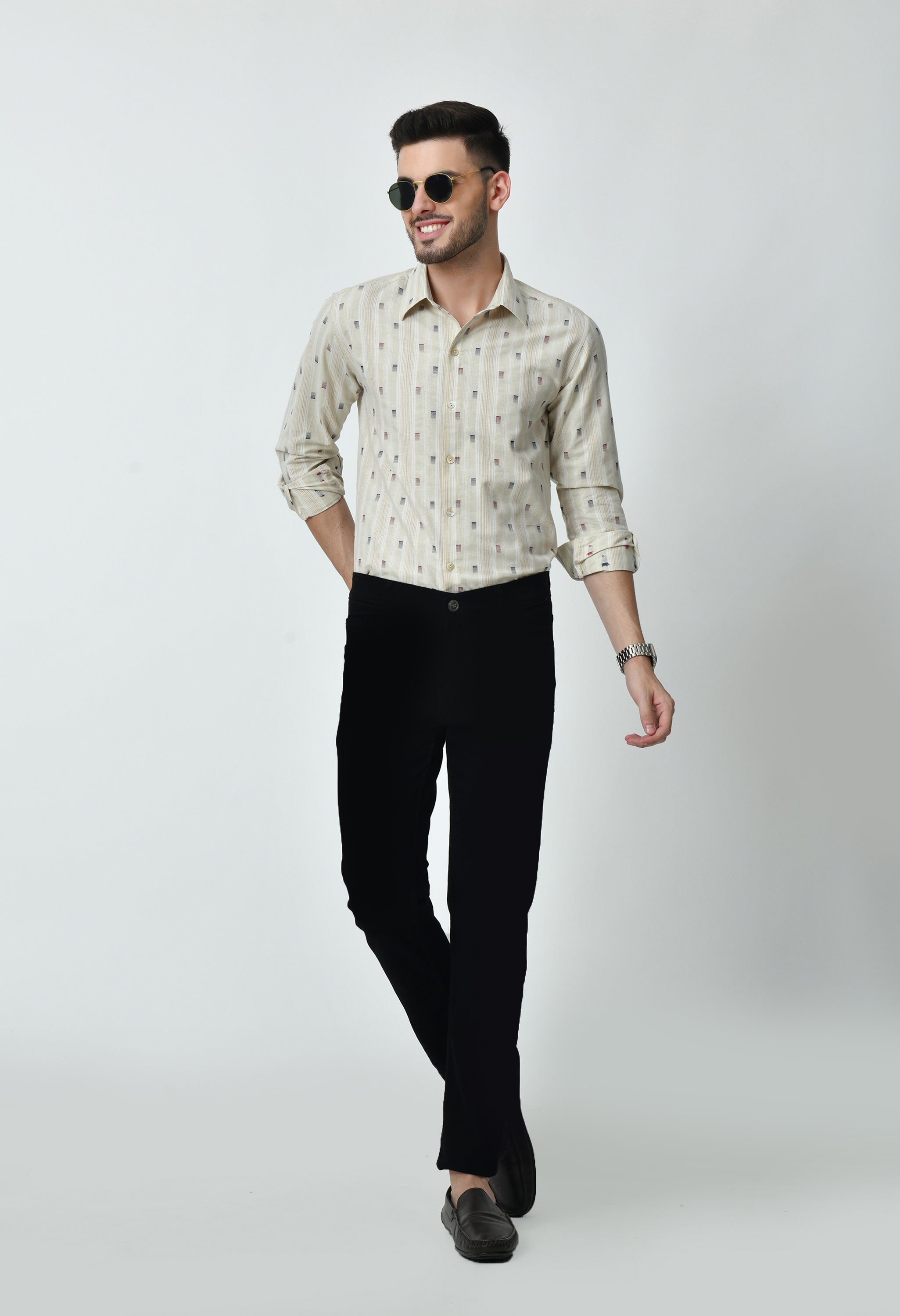 Beige Printed Full Cuff Sleeve Cotton Blend Shirt for Men