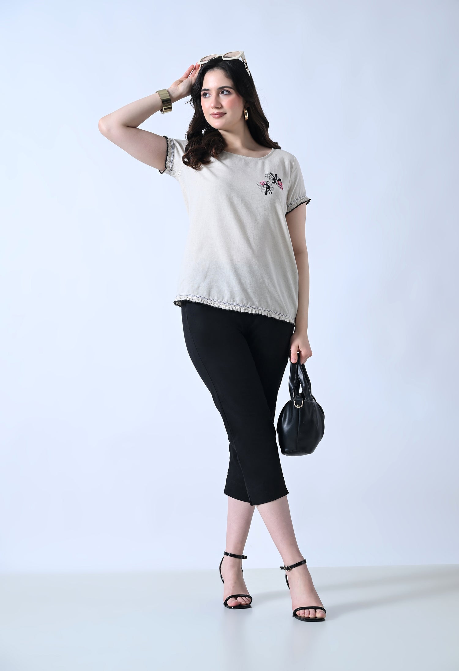 Cream Embroidered Half Sleeve Top for Women