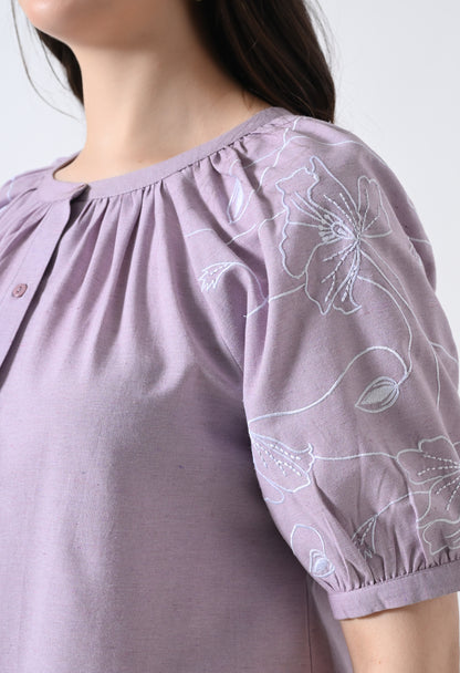 Light Purple Embroidered Half Sleeve Top for Women