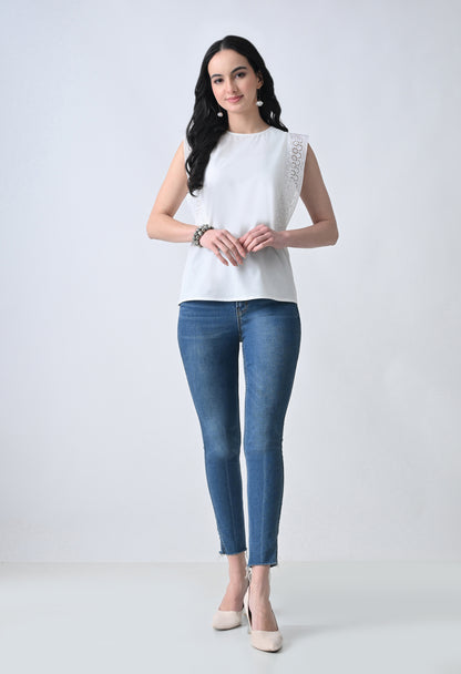 White Solid Sleeveless Top for Women