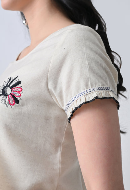 Women’s Cream Floral Embroidery Half Sleeve Top &amp; Palazzo Co-Ord Set