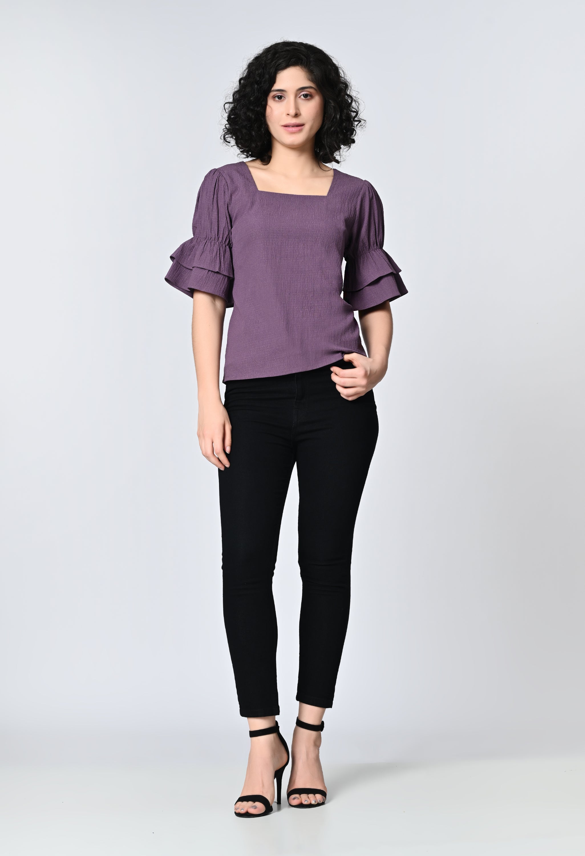Purple Solid Half Bell Sleeve Top for Women