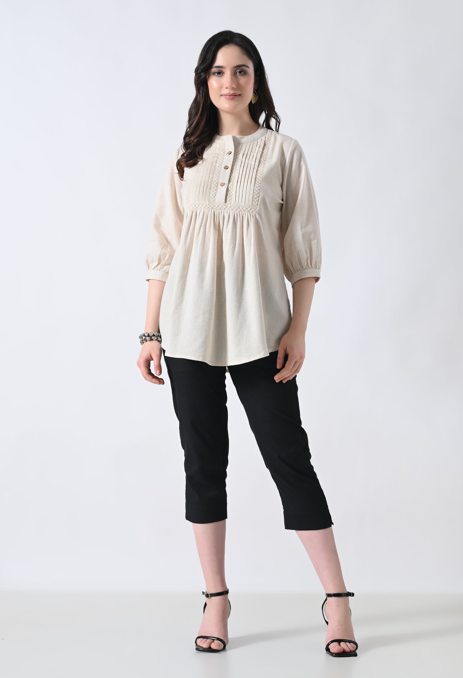 Cream Solid Elbow Sleeve Top for Women