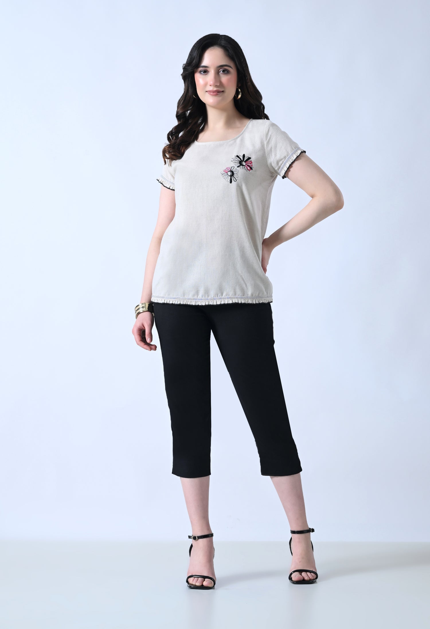 Cream Embroidered Half Sleeve Top for Women