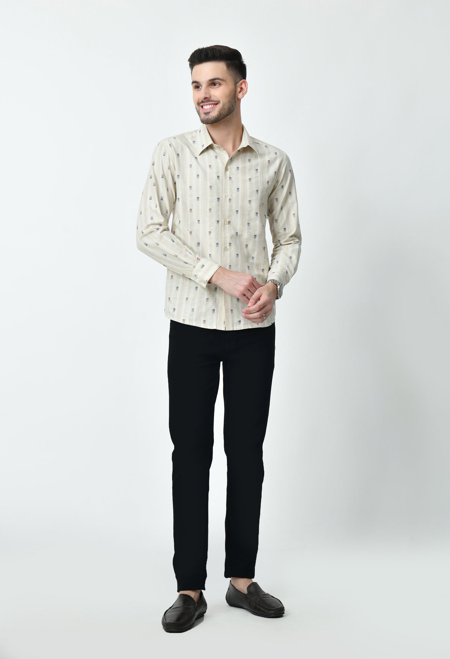 Beige Printed Full Cuff Sleeve Cotton Blend Shirt for Men