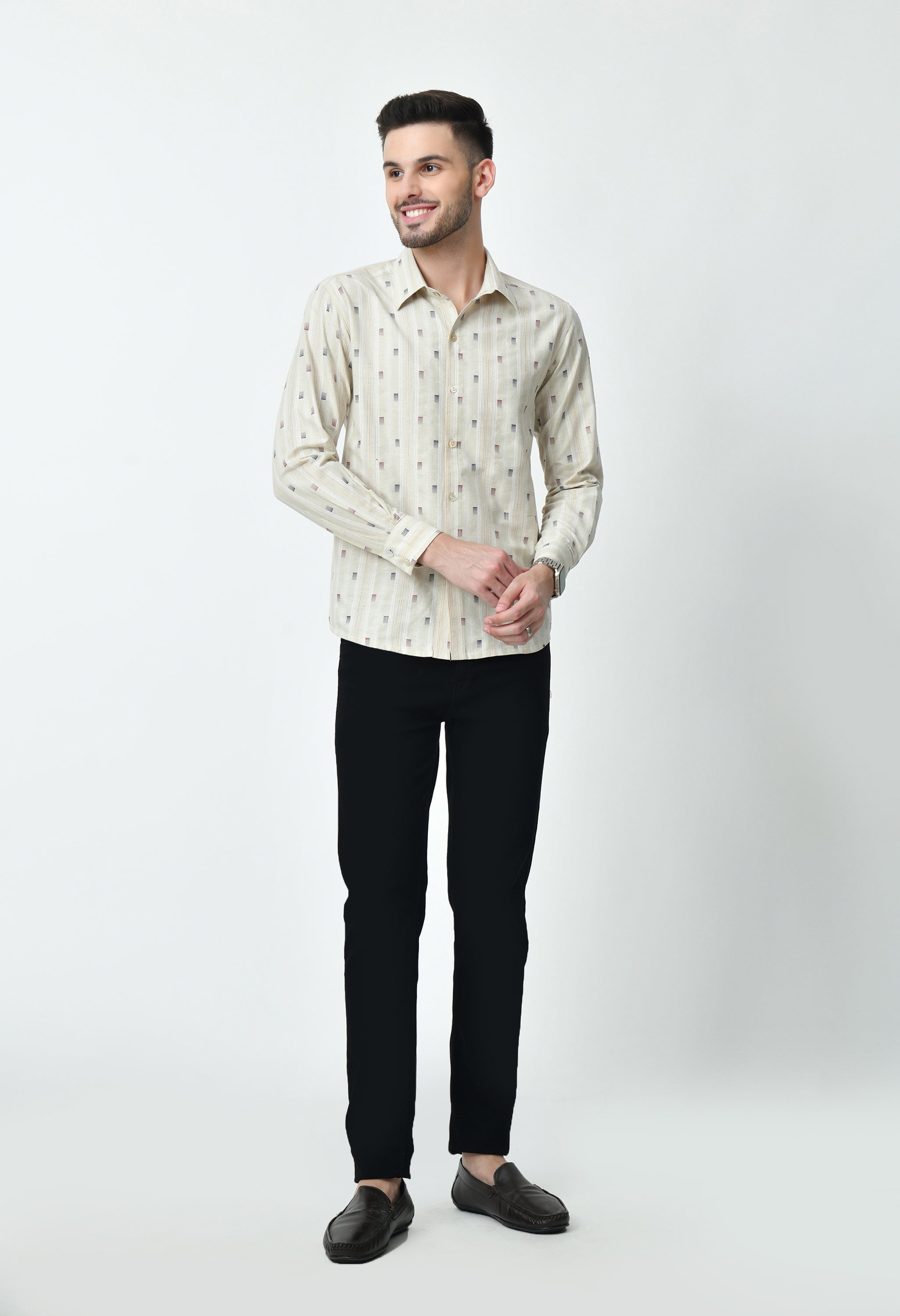 Beige Printed Full Cuff Sleeve Cotton Blend Shirt for Men