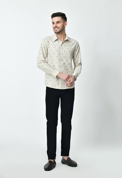 Beige Printed Full Cuff Sleeve Cotton Blend Shirt for Men