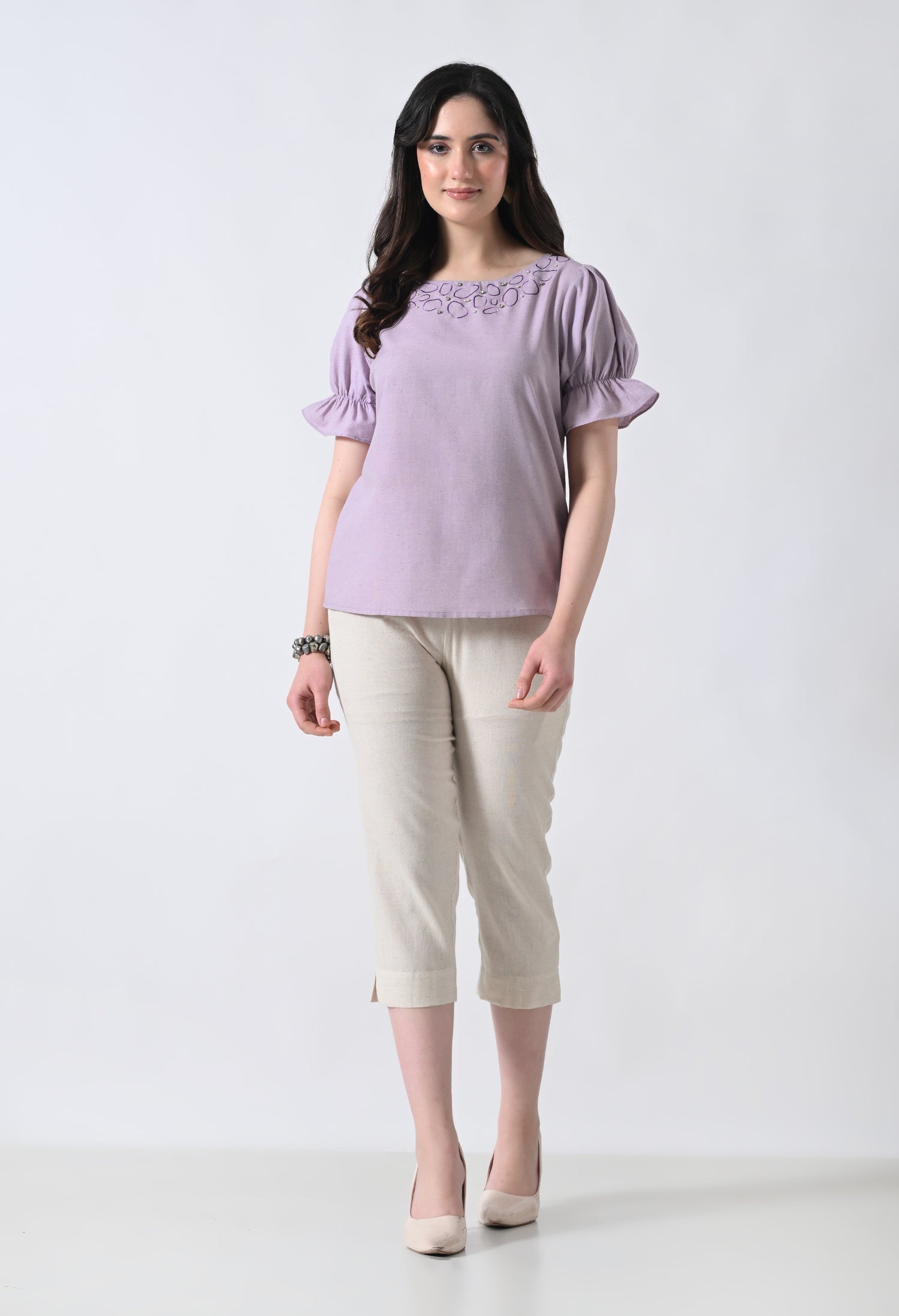 Light Purple Embroidered Half Sleeve Top for Women