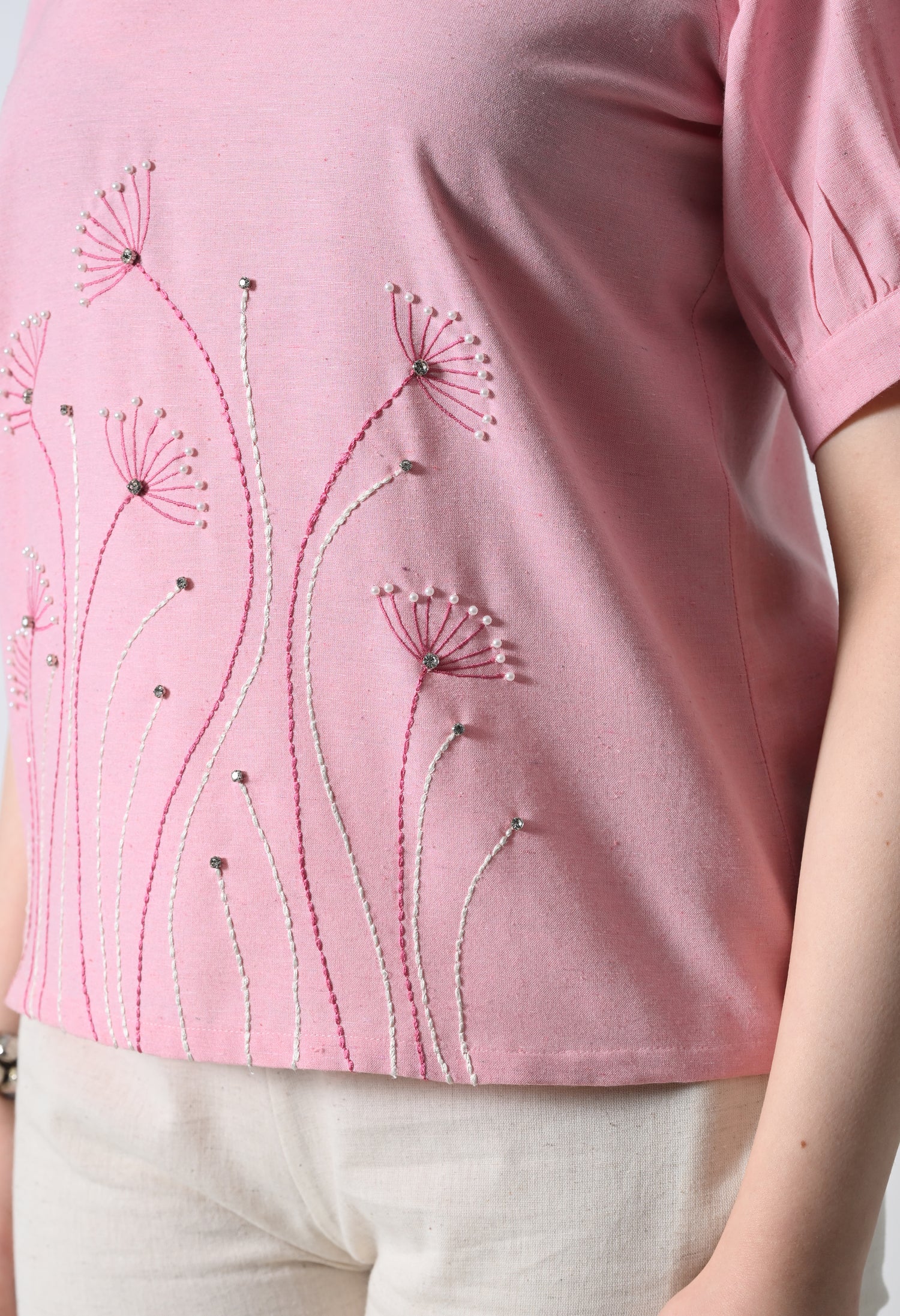 Pink Floral Embroidered Half Sleeve Top for Women