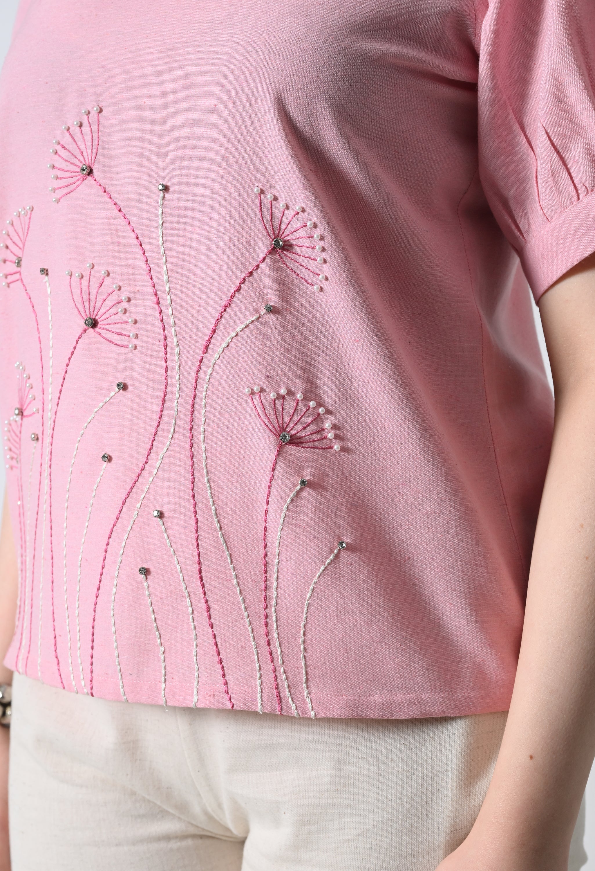 Pink Floral Embroidered Half Sleeve Top for Women