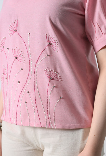 Pink Floral Embroidered Half Sleeve Top for Women