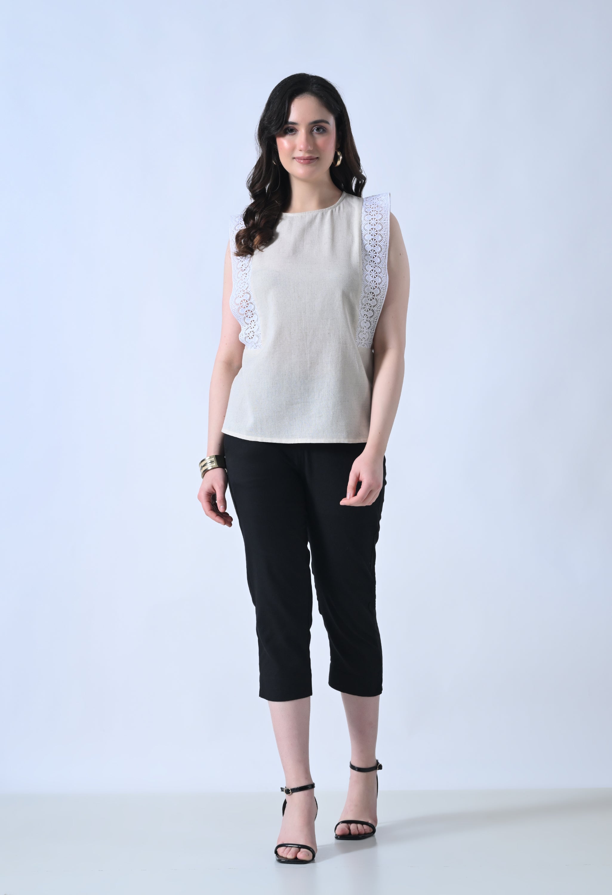 Cream Solid Sleeveless Top for Women