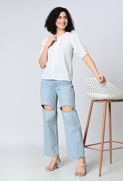 Solid White Half Sleeve Top for Women