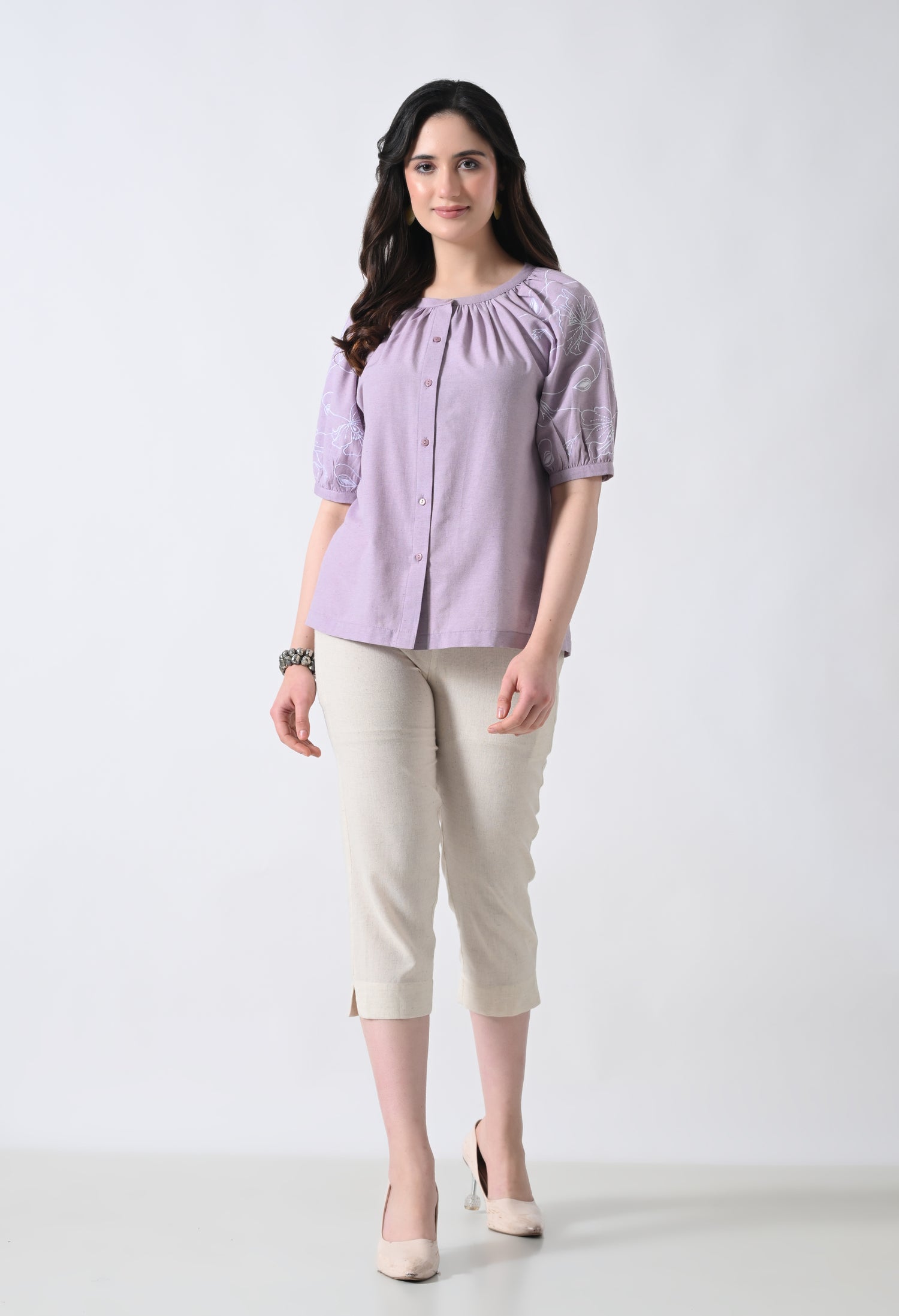 Light Purple Embroidered Half Sleeve Top for Women