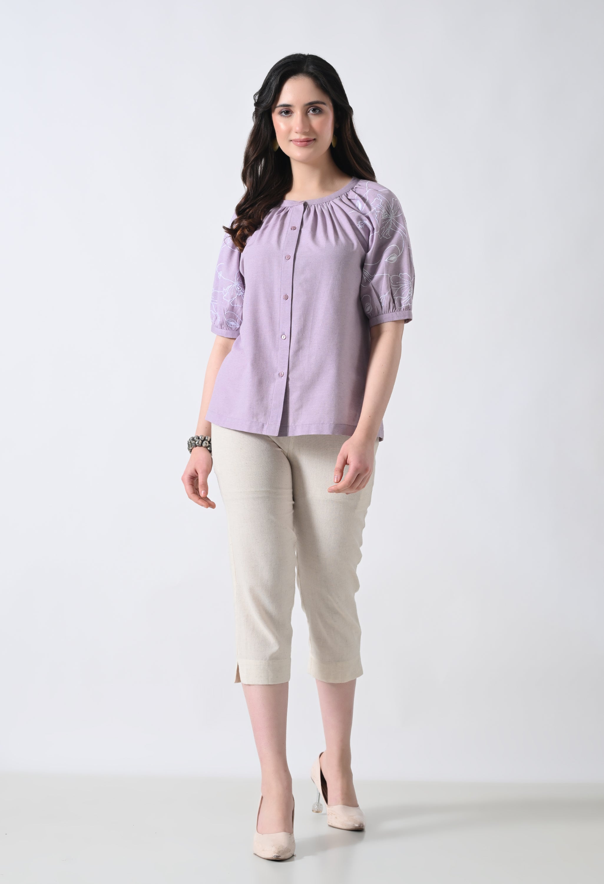 Light Purple Embroidered Half Sleeve Top for Women