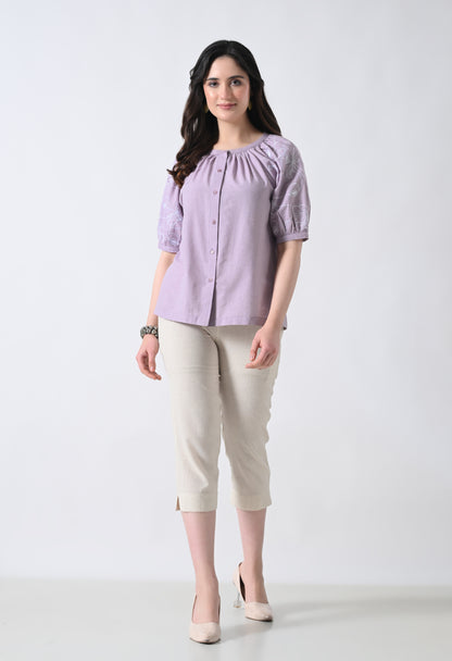 Light Purple Embroidered Half Sleeve Top for Women