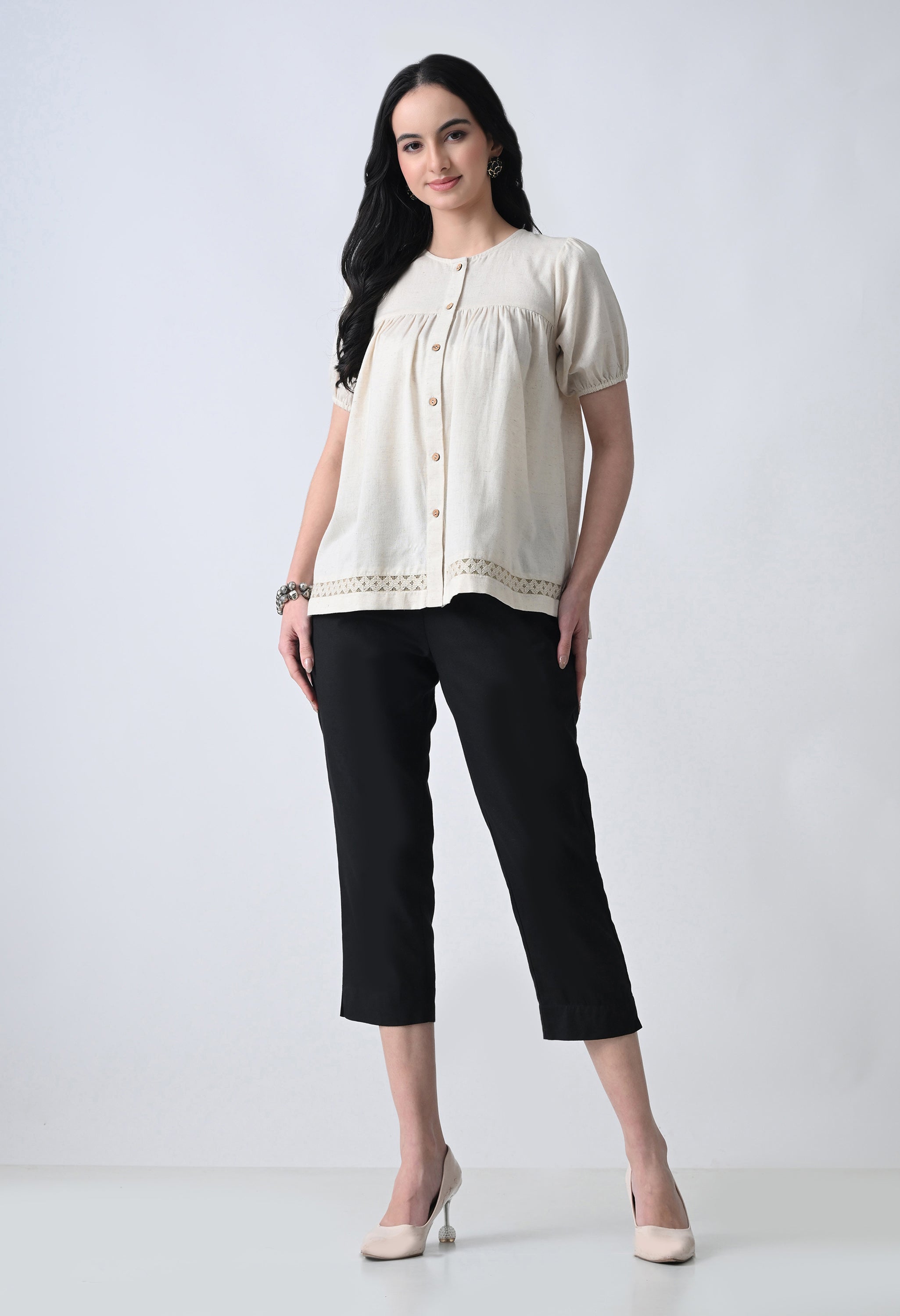 Cream Solid Half Sleeve Shirt Style Top for Women