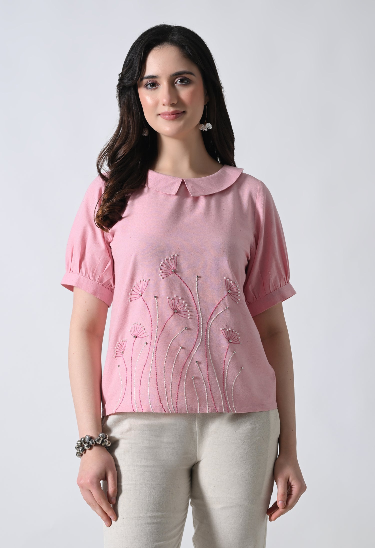 Pink Floral Embroidered Half Sleeve Top for Women