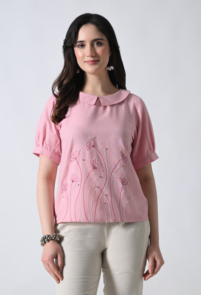 Pink Floral Embroidered Half Sleeve Top for Women