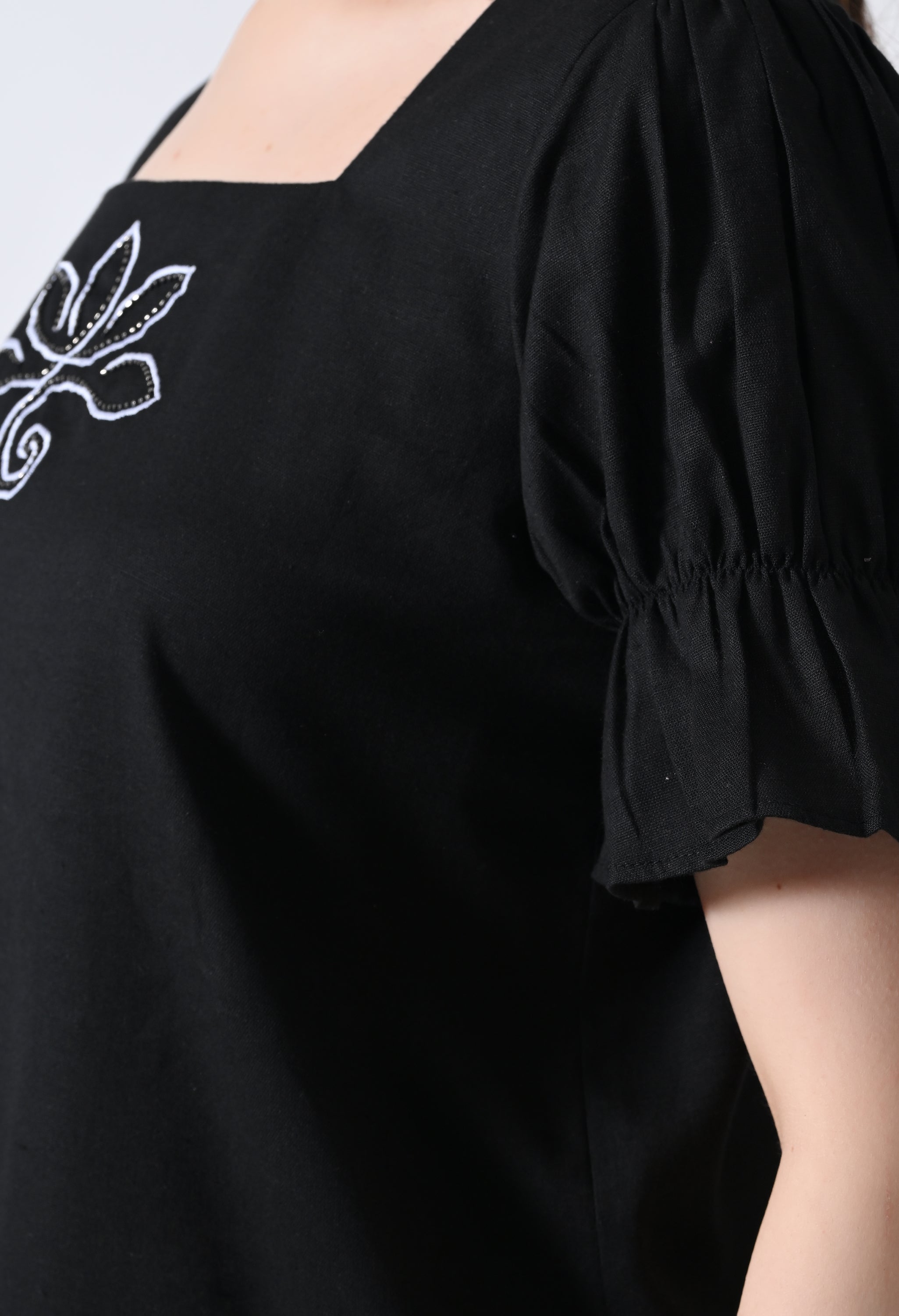 Black Embroidered Bell Sleeve Top for Women